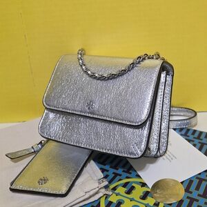 !!2PCS!! Tory Burch Metallic Silver Crossbody Bag & Card Case